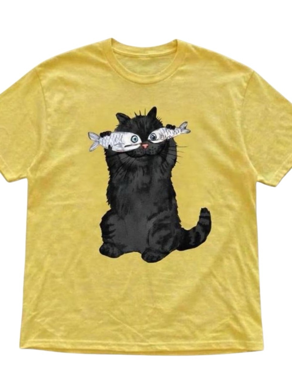 Gildan black Cat Graphic Tee with Fish Design